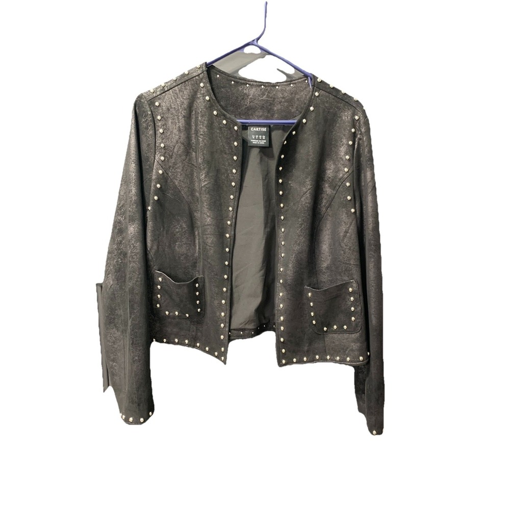 Cartise Black Studded Faux Suede Jacket Womens 8 Open Front Edgy Moto Style - Picture 3 of 10